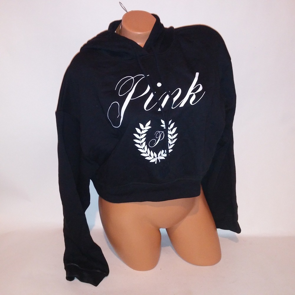 Victoria's Secret PINK Crop Hoodie Small Sweater Black White Solid Logo New